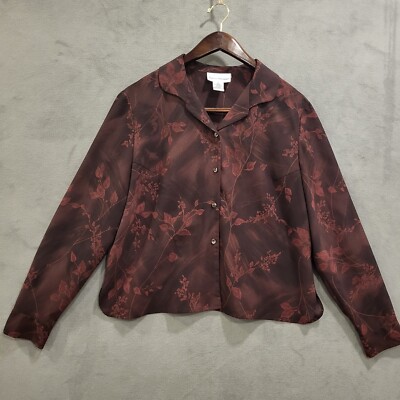 VTG 90s Rena Rowan Blouse Women's 16 Burgundy Floral Sheer Button Up Dark Goth