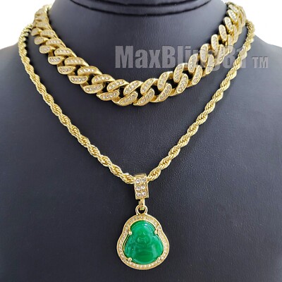 Gold Plated Alloy Jade Buddha Necklace Iced Cubic Zirconia Cuban Chain Necklace