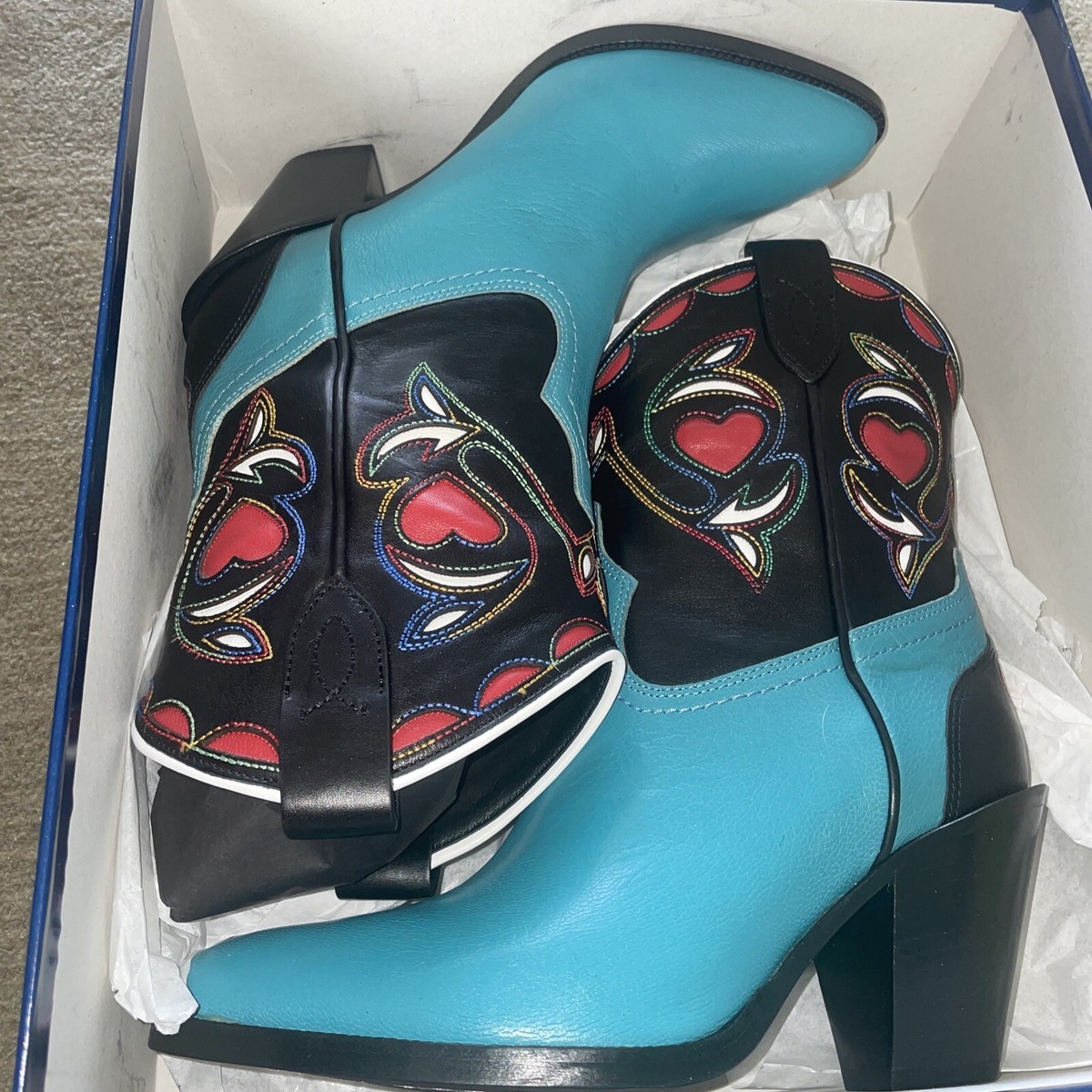 Polo Ralph Lauren Ankle Cowboy Boots NIB Vachetta Heart Teal