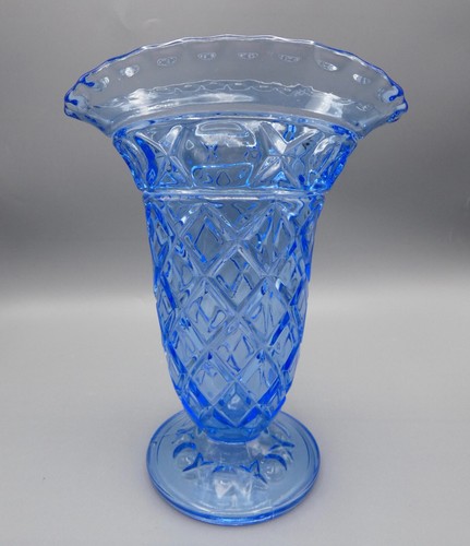 Art Deco Bristol Blue Glass Sowerby Pressed Glass Corset Fan Vase - 25cm (10") - Imagen 6 de 8
