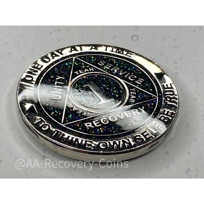 1 Year Alcoholics Anonymous Medallion Black Silver Plated AA Sobriety Chip Coin