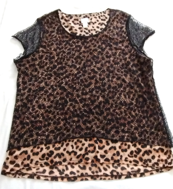 CHICO's Brown & Black Short Sleeve LEOPARD Print SHEER LACE & Nylon Top Sz 3