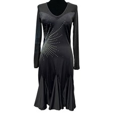 Dance  Sway Black Latin Ballroom Competition Dance Dress Sheer Rhinestones Lg