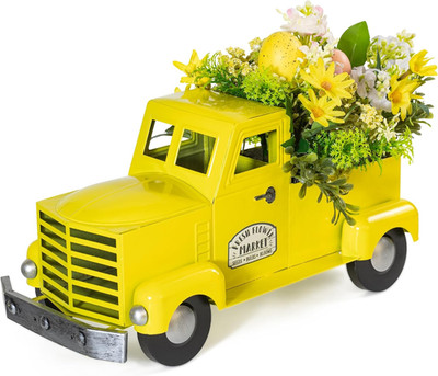 Yellow Truck Spring Easter Decor 12-Inch Vintage Metal Truck with Artificial Flo