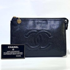 CHANEL Coco mark cosmetic pouch black caviar skin gold guarantee card
