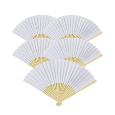 5pcs White Paper Fans Lot of 5 Five Folding Hand Fan Pocket Purse Wedding Bamboo