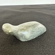 Vintage Hand Carved Signed DIMU Inuit Seal/Sea Lion Green Soapstone Statue