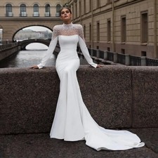Luxury Mermaid Wedding Dress High Neck Full Sleeve Peal Beaded Satin Bridal Gown