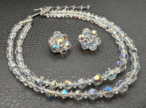 Vintage Aurora Borealis Crystal 2 Double Strand Necklace & Clip-On Earrings Set