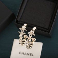 CHANEL Light Gold Hardware Half Circle Design CCS Earrings with Crystal Inlay