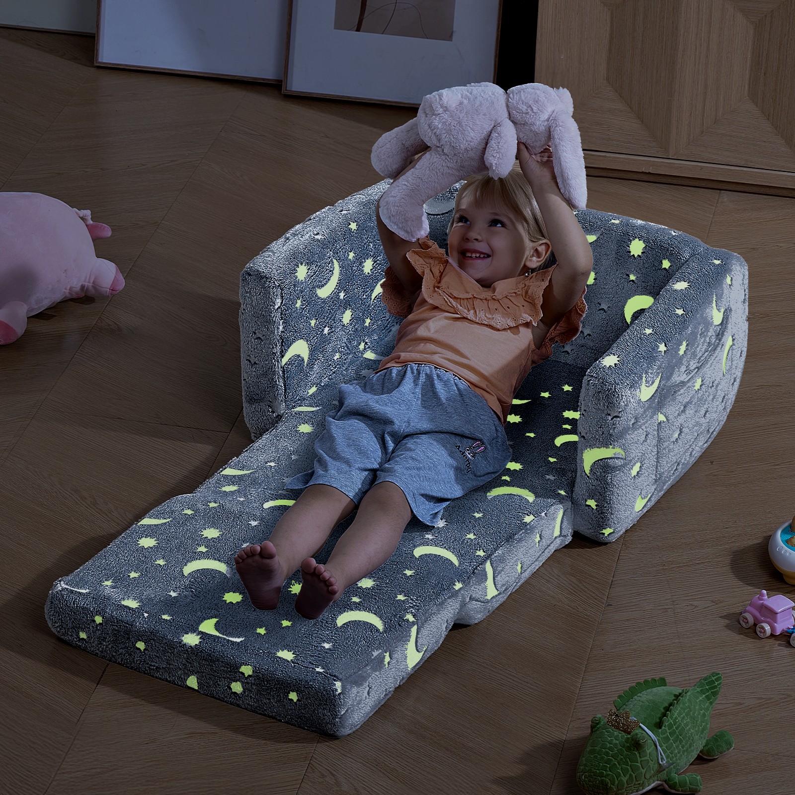 Uimoso 2-in-1 Kids Sofa Convertible Couch Armrests Toddler Bed Glow in the Dark