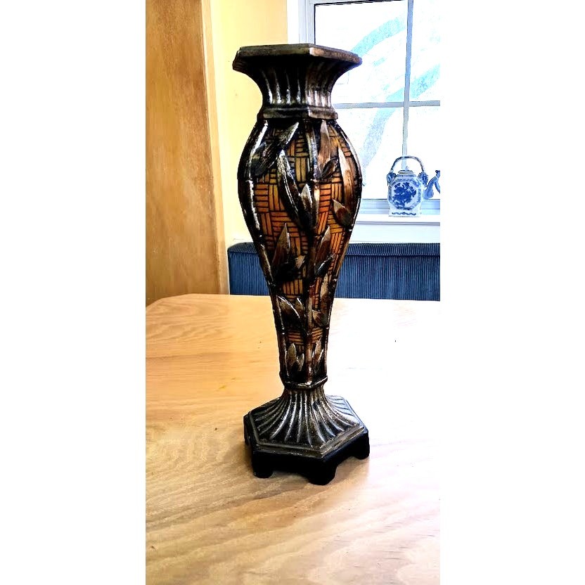 Vintage Wood Candlestick Stand with Carved Silver Bronze Leaf Details  