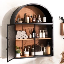 Fully-Assemble Arched Wall Cabinet Toilet Floating Medicine Organizer Glass Door