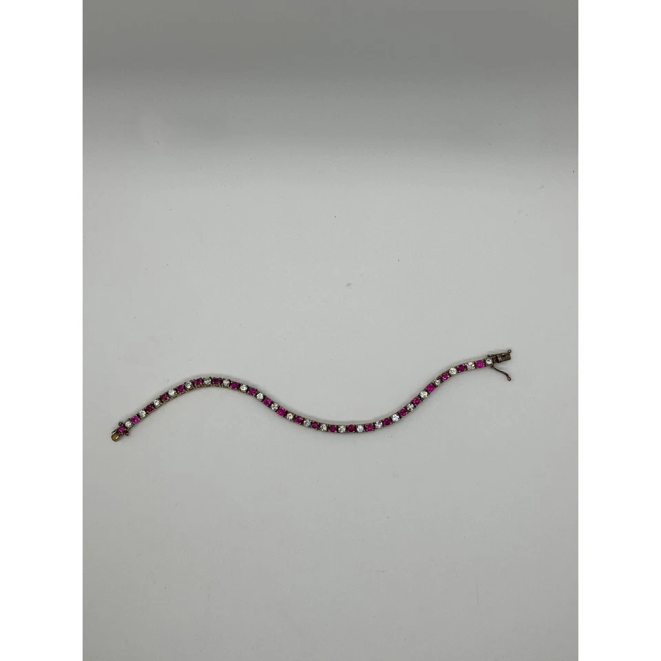 Vintage Sterling Silver Ruby Red & Clear Stone Tennis Bracelet - Gold Vermeil - Image 2 of 4