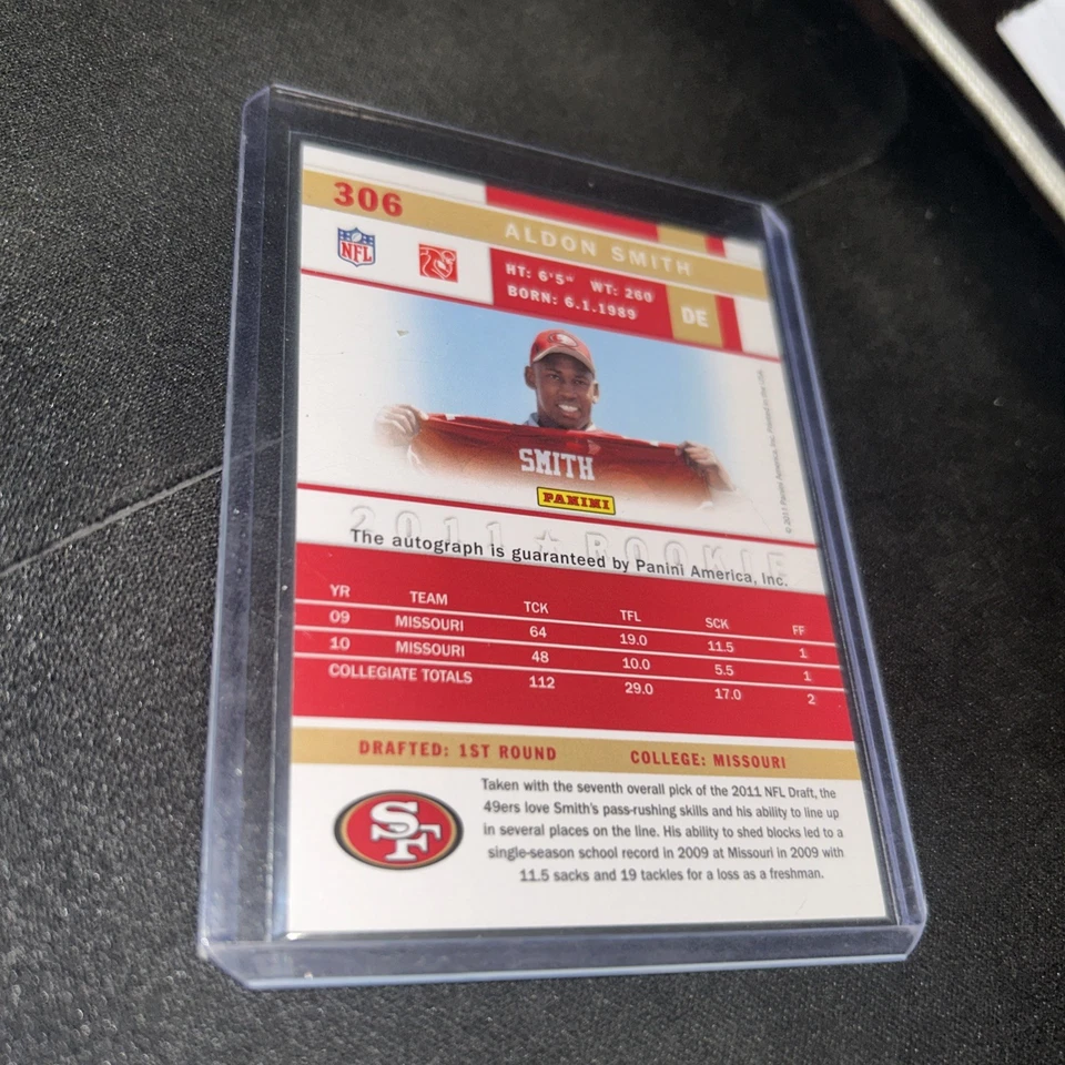 2011 Score Signatures Aldon Smith #306 Rookie Auto SP RC 49ERS/ MISSOURI TIGERS - Image 2 of 2
