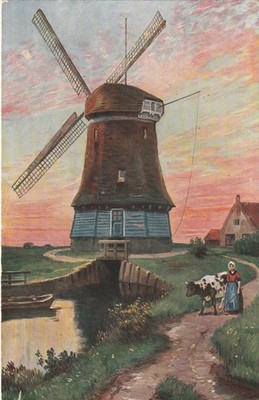 Postcard 1919-windmill + stream-woman with cow-publisher: T.S.N. Series 735