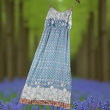 Angie Dress Women L Blue Floral Maxi Boho Cottage Garden Strap Rayon Geometric
