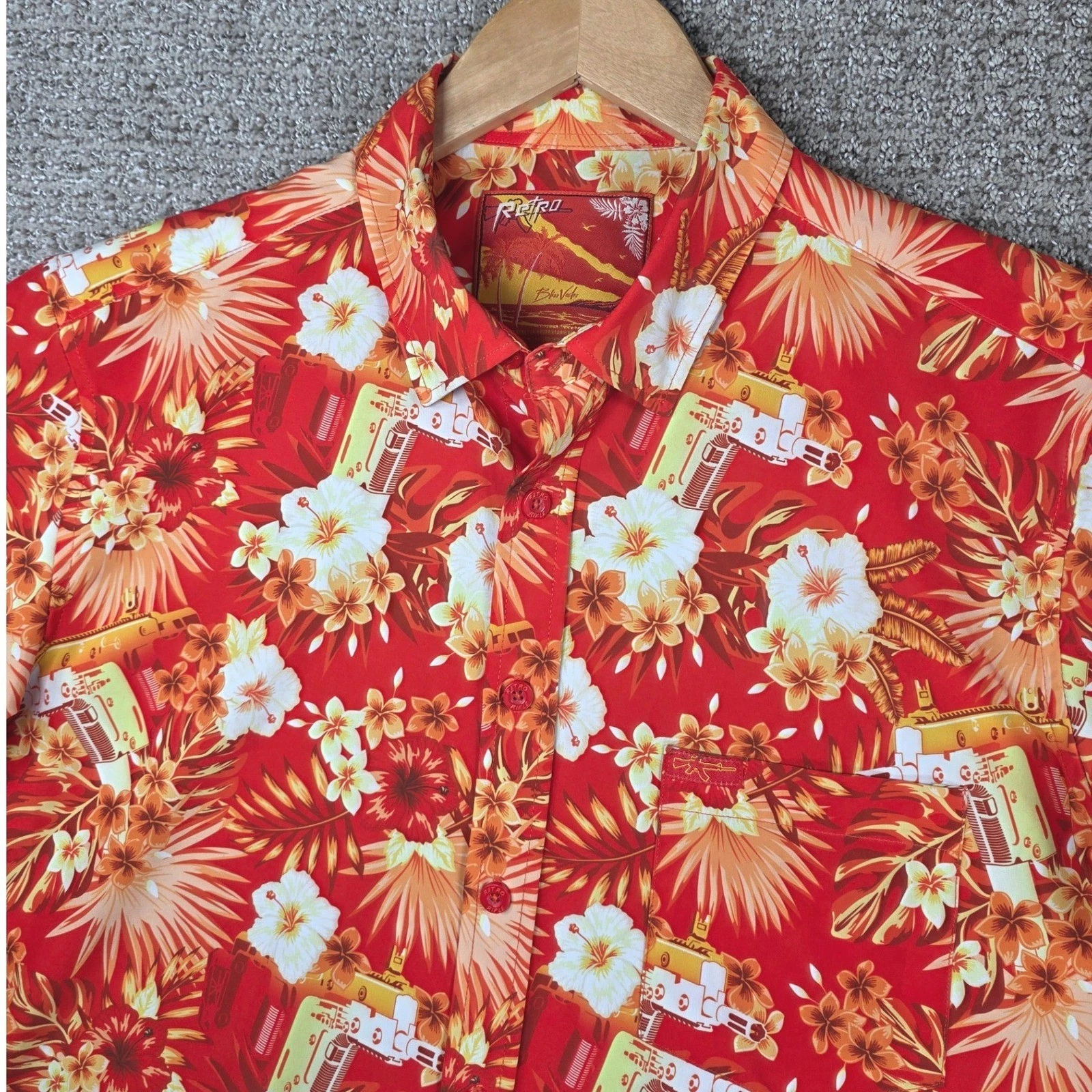 Retro Rifle Bliss Vector Short Sleeve Button Shirt Mens Red Floral Hawaiian