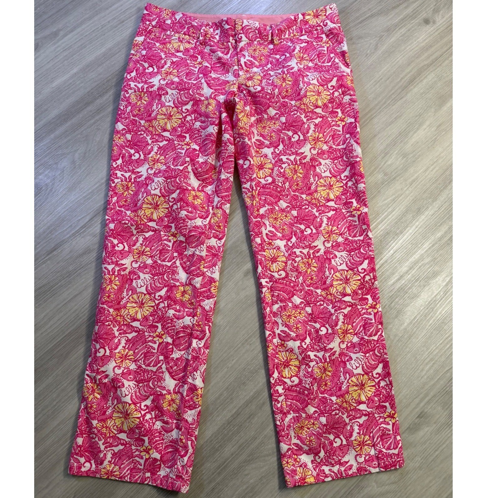 Lilly Pulitzer Leg Pants Womens Pink Yellow Shell Lobster Print Straight Size 8