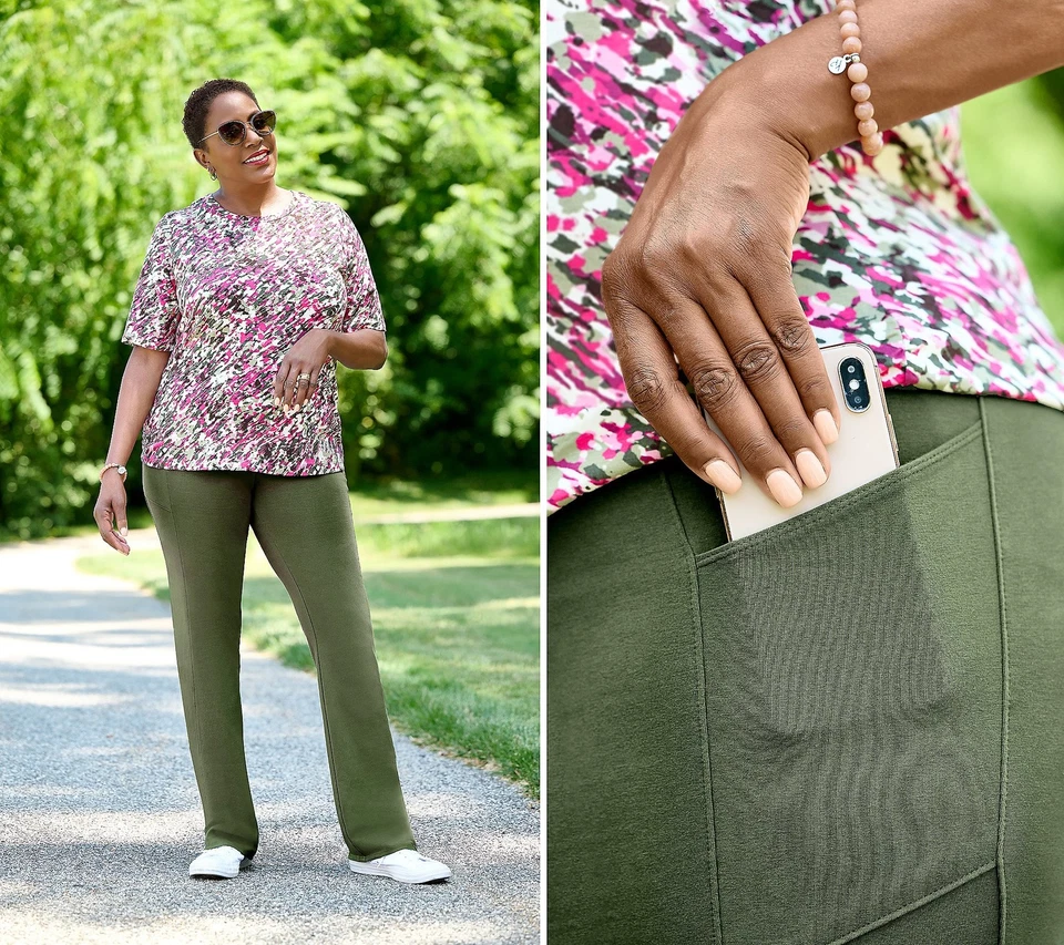 Denim & Co. Calça bota regular dupla elástica levemente com bolsos oliva escura GG nova - Imagem 2 de 2