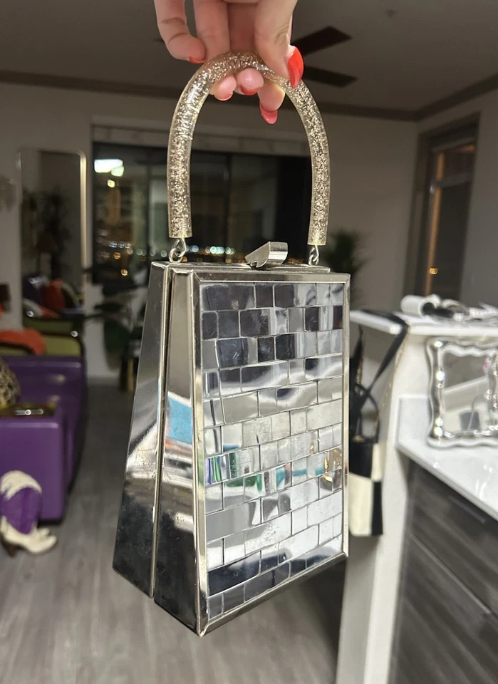 Bolso de caja vintage Dorset Rex celosía cromada años 50 con mango de confeti Lucite Foto 4 de 4