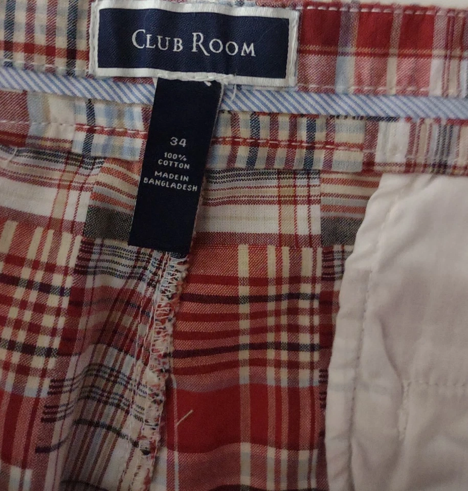 Pantalones Cortos Club Room Para Hombre Talla Real Cerca de 36 Patchwork Cuadros Rojo Madras  Foto 3 de 4