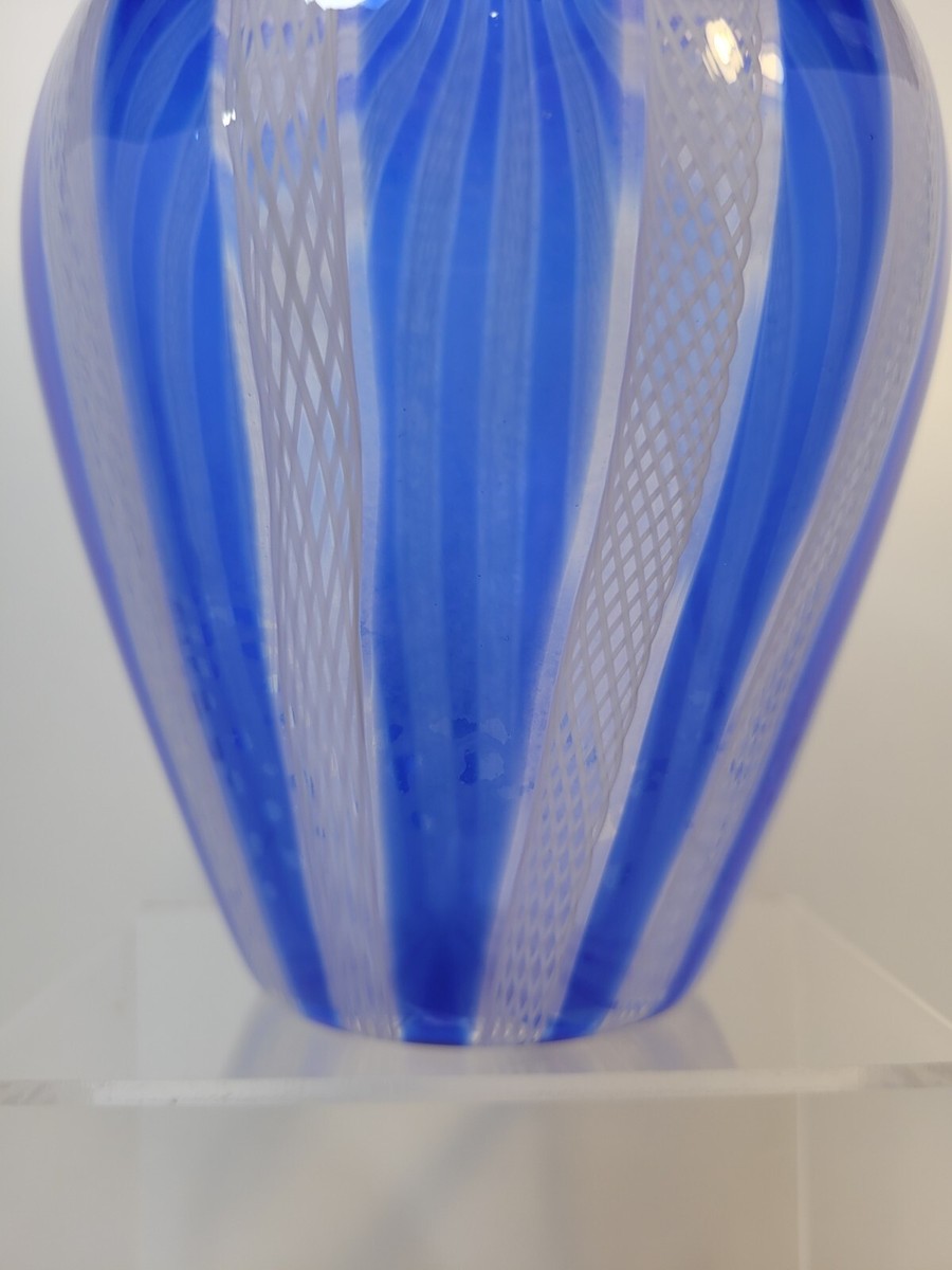 MURANO ムラノ 水色 ホワイト レース 大皿 ボール 鉢 ヴェネチアン Murano Latticino Blue and White Vase 7 3/4