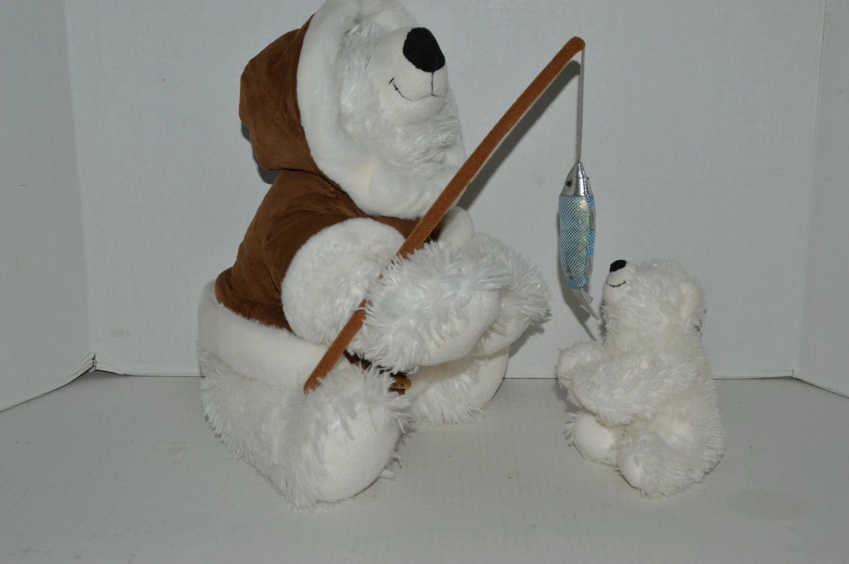 Build A Bear Plush~14~Roaring Mom White Polar Bear~Jacket~Her Baby~Fish  Pole~GC