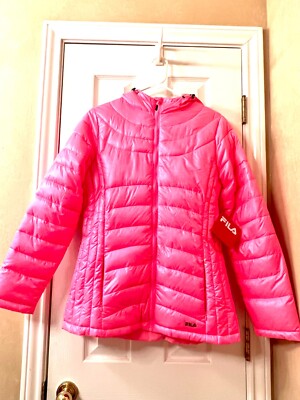 NWT Lipstick Pink FILA Channel Puffer Jacket with Hood and Pockets