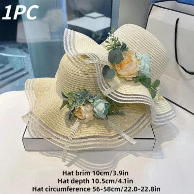 Femme Fleur Chapeau Paille Large Bord Casquette Tissé Solaire Pare Soleil Seau - Photo 1/4