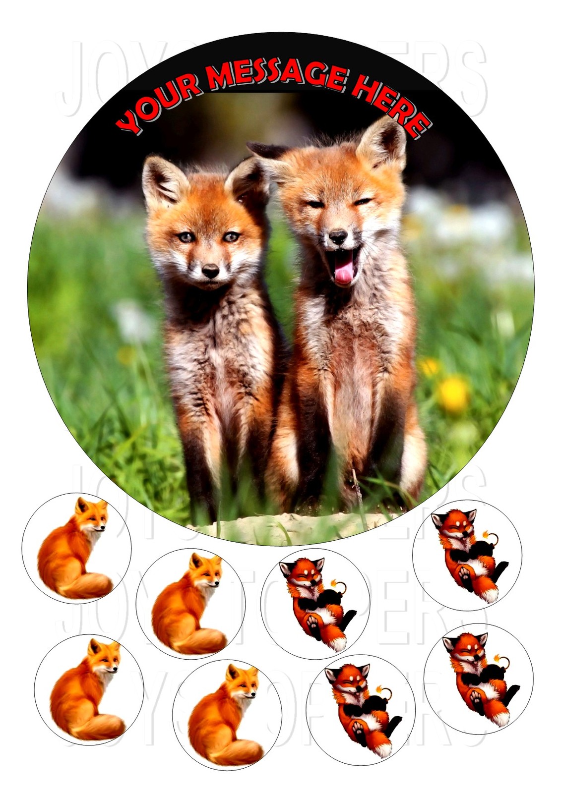 FOX PERSONALISED ROUND 7.5 + 8 EDIBLE  ICING FROSTING CAKE TOPPER