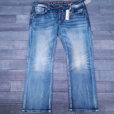 ROCK REVIVAL Amal Straight denim jeans Mens 44 x 34 Distressed Medium ...
