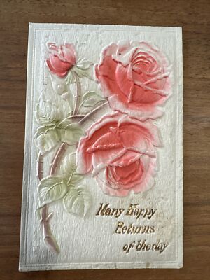 Antique Postcard Embossed Flocked Pink Roses Made in Germany Many Happy Returns