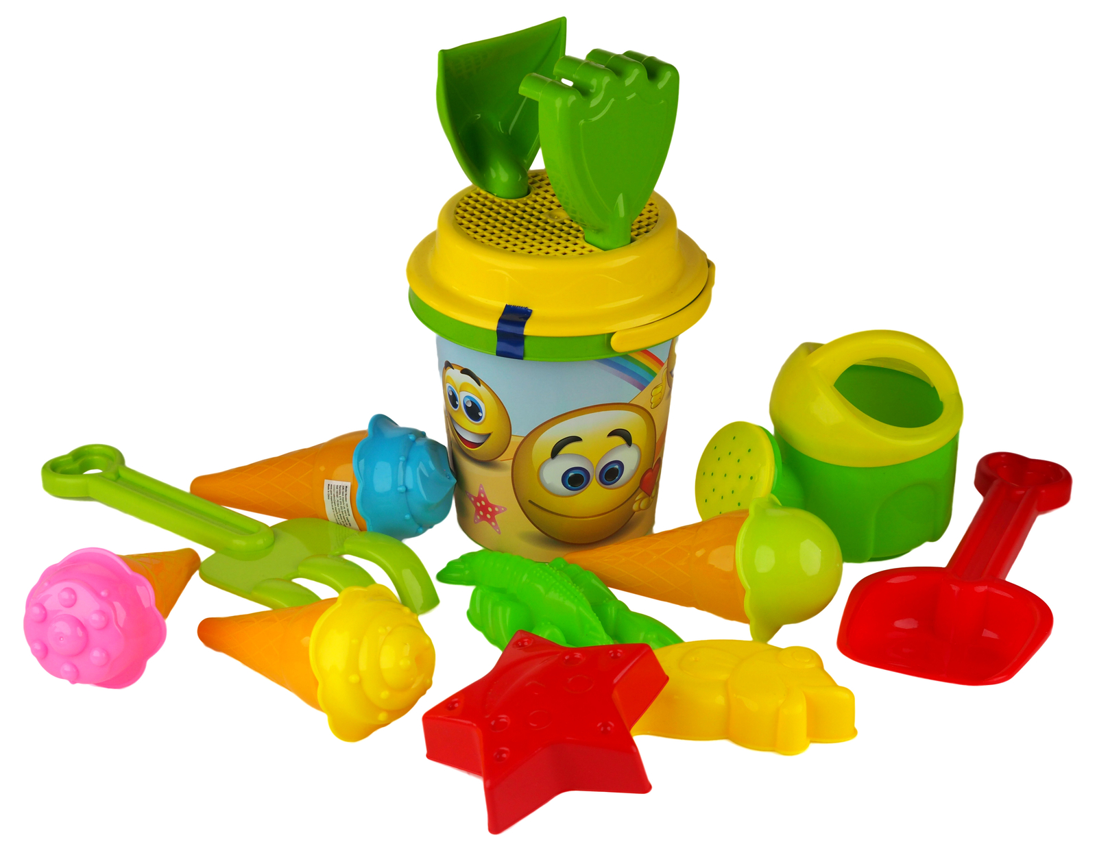 14 Piece Beach Bucket Play Set - Blue Smiley Face Bucket + Spade + Sand Moulds