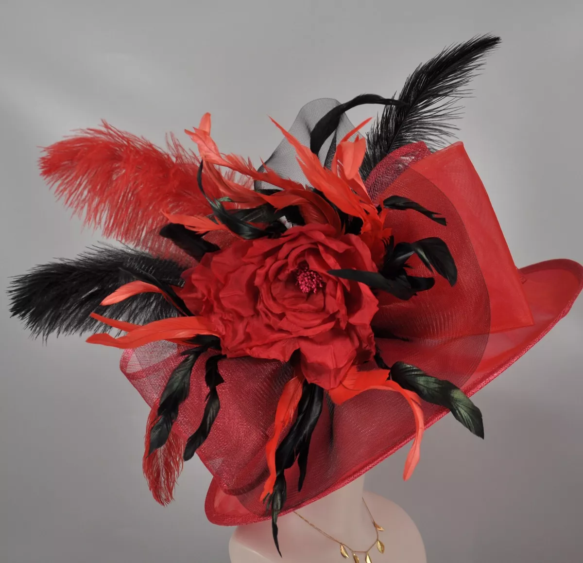 Red w Black Wide Brim Kentucky Derby Hat Church Hat Wedding Hat