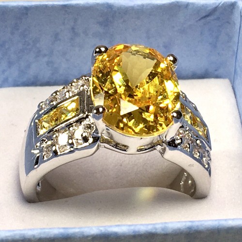 Rhodium Over Sterling Silver Oval Yellow Citrine & Cubic Zirconia Ring Size 9 - Picture 12 of 18