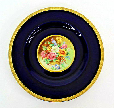 CROWN DUCAL WARE #5080 PLATE FLOWERS IN BASKET COBALT BLUE GOLD TRIM 10 ...