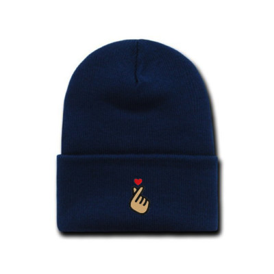 Korean KPOP Love Finger Heart embroidered Beanie Cap Hat Navy Blue