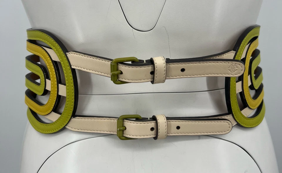 Roberto Cavalli green yellow beige leather 6 row wide Belt Sz 42/75 small - Image 4 of 4