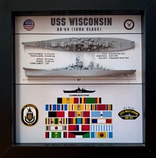 USS Wisconsin Display Box, BB-64, Iowa Class, WW2, 9" x 9", Black
