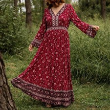 Knox Rose Floral Maxi Dress Women’s L Maroon Boho Long Sleeve Hippie Skirt
