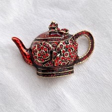 Red Teapot Brooch Vintage Inspired Jewellery Gold Tone Gift Broach
