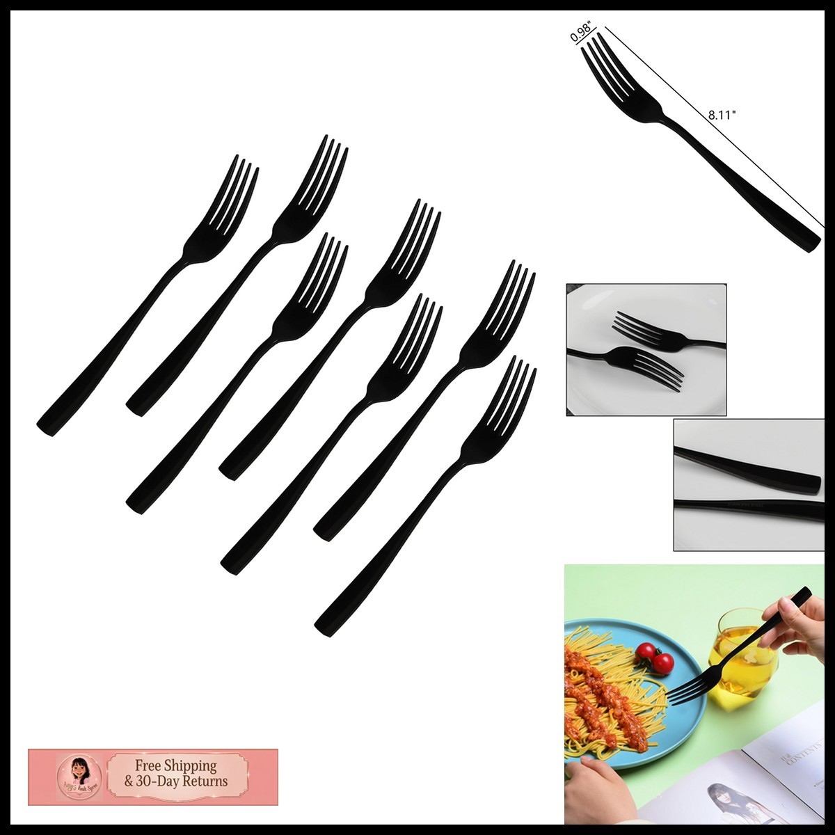 Vababa 16-Piece Black Dinner Forks Stainless Steel
