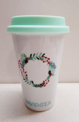 David's Tea Christmas Wreath Ceramic Travel Mug with Silicone Lid