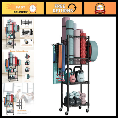 Home Gym Storage Organizer with Wheels - 3 Tier Workout Equipment Rack for Yoga