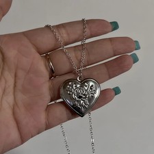 Heart Photo Locket Pendant Necklace Stainless Steel Silver Tone Women Jewelry