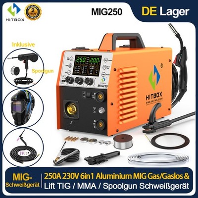 6in1 MIG Schweißgerät Aluminium Gas/Gaslos MIG TIG ARC mit Spool Gun 250A 220V
