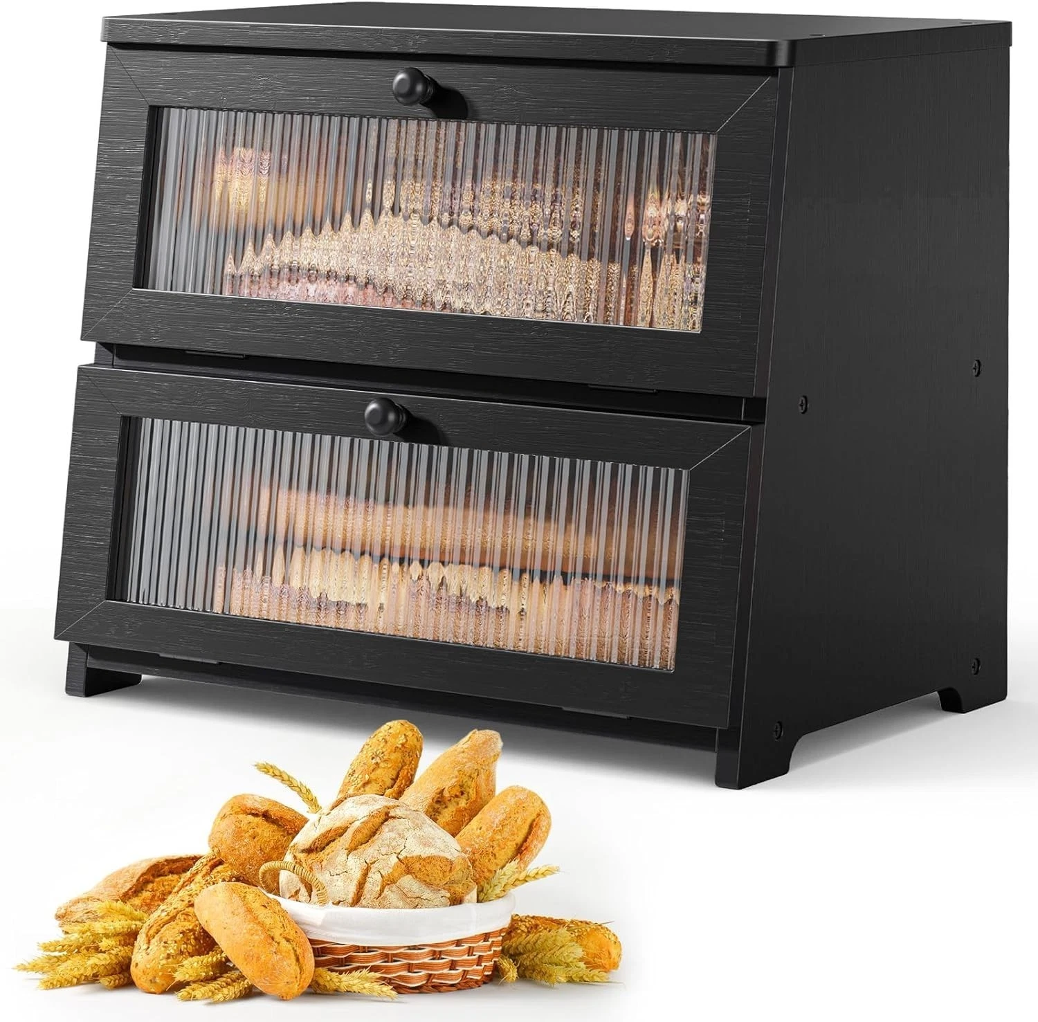 2-Tier Wooden Bread Box Kitchen Countertop Organizer Bread Storage with Window