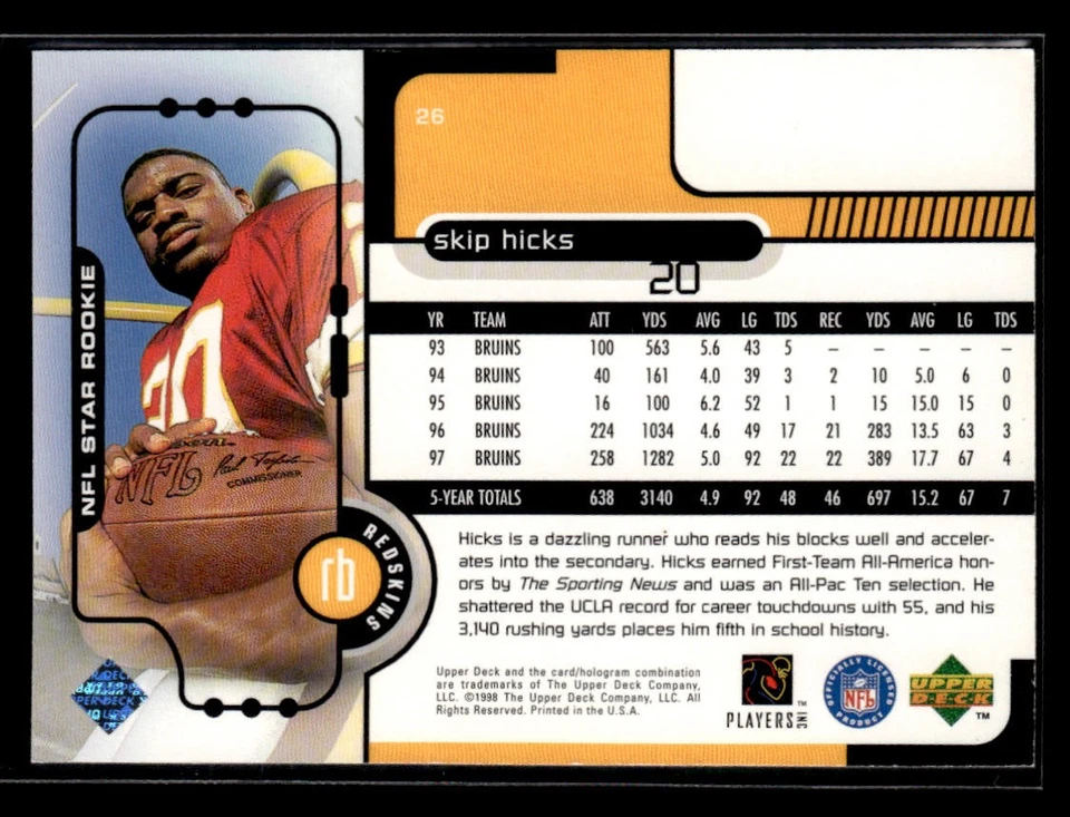1998 Upper Deck Skip Hicks #26 Rookie - Image 2 of 2