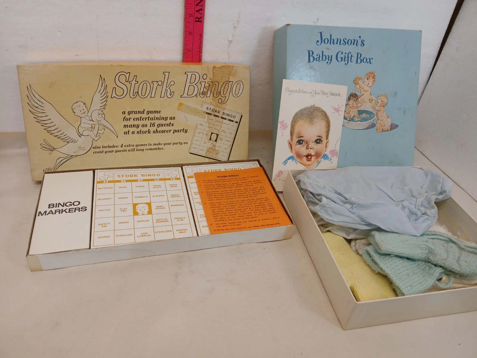 Vintage Baby Shower Lot Stork Bingo Johnson’s Gift Box Clothes Bib 1950s